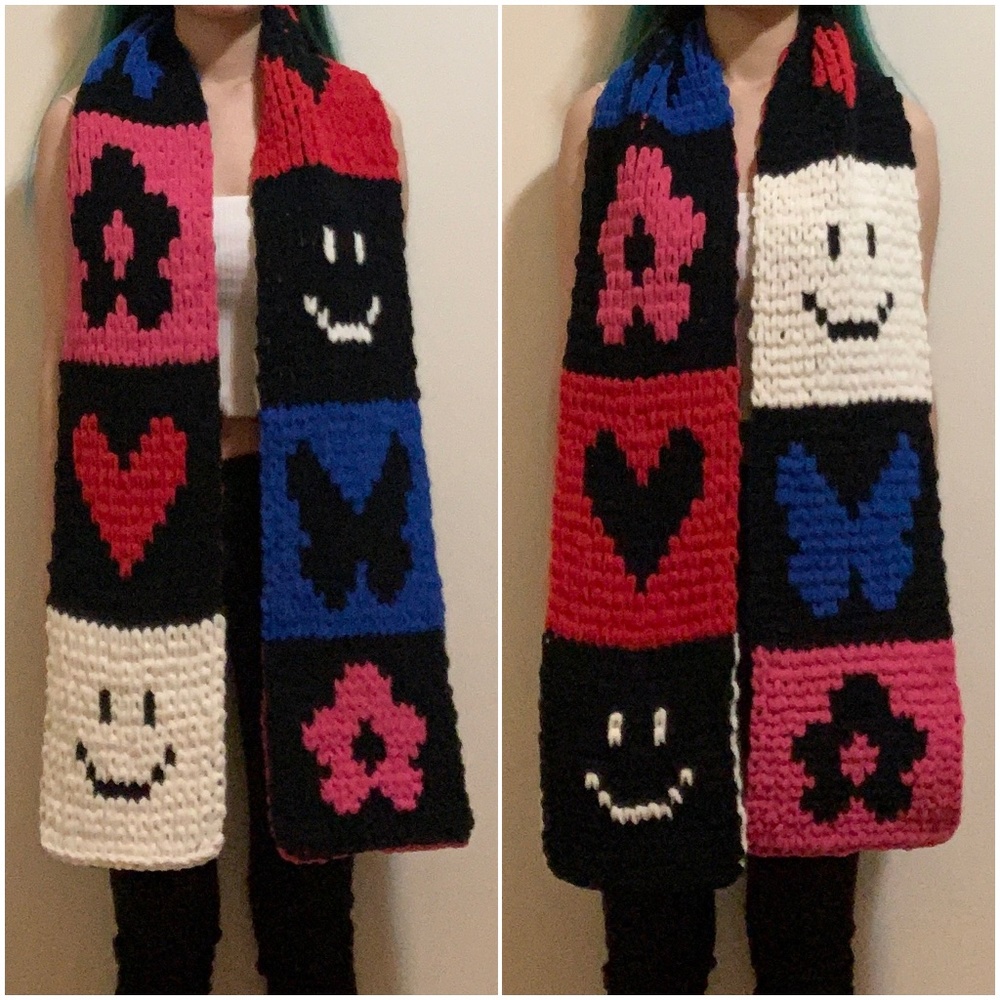 Handknit Colorful Smiley Face Flower Butterfly Heart Knit Scarf Handmade Y2k